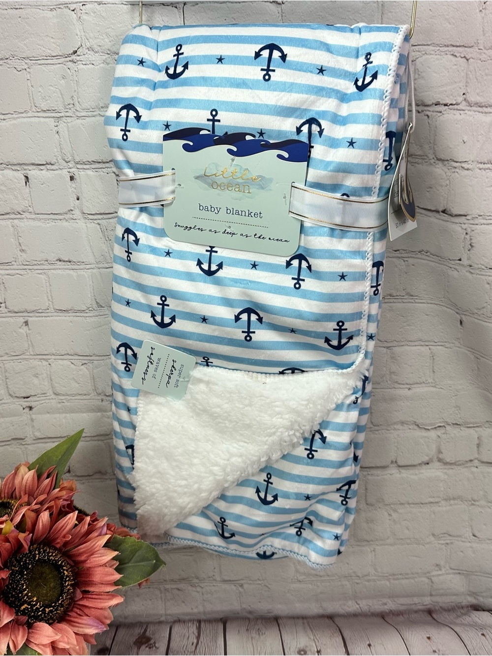 NWT little Ocean Blue Anchor Baby Blanket nautical stripes coastal nursery